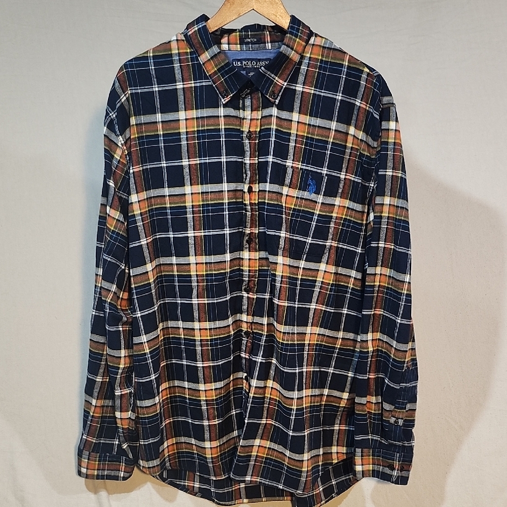 U.S. Polo Assn. Men's Plaid Thin Flannel Shirt -Navy and Orange Stretch Size 3XL